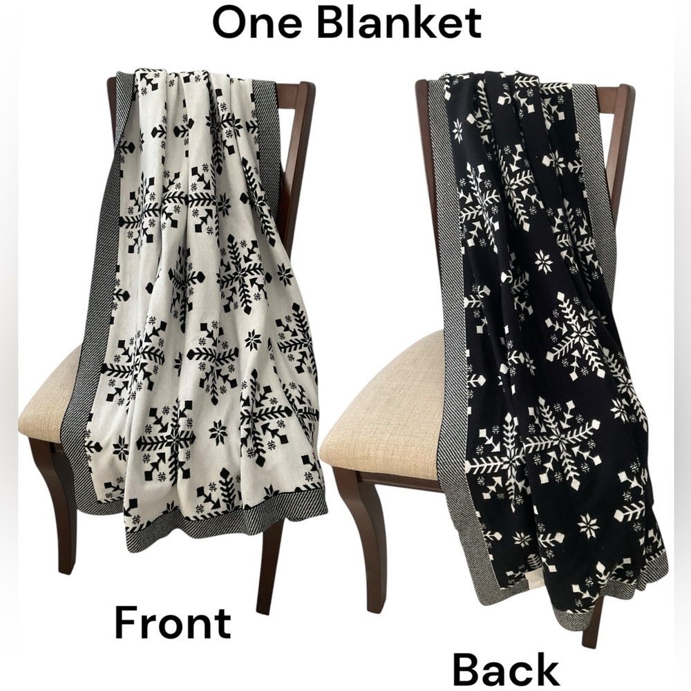 KIRKLANDS THROW Snowflake Reversible Black White Stripe Edges 60” x 56” NWOT